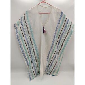 Surf Gypsy Women's Ivory Blue Striped‎ Tassel Accent Cover Up Dress